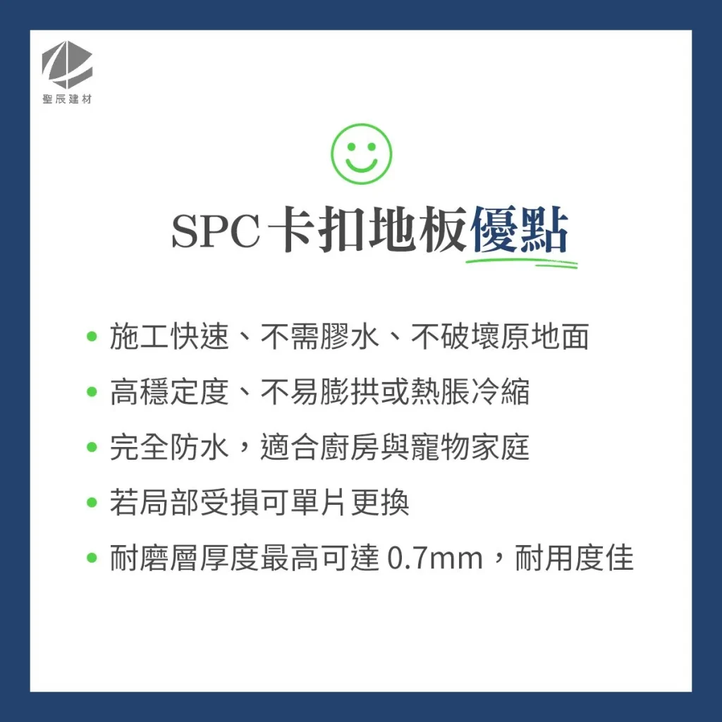 spc卡扣地板優缺點，spc卡扣地板優點 : 施工快.高穩定度.完全防水.可局部更換.耐磨厚度達0.7mm.耐用度佳