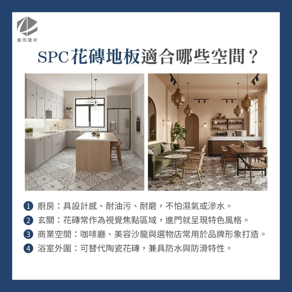 SPC花磚地板與SPC六角形地板適合哪些空間？廚房地板.廚房防水地板.廚房耐磨地板.廚房抗油污地板.玄關地板