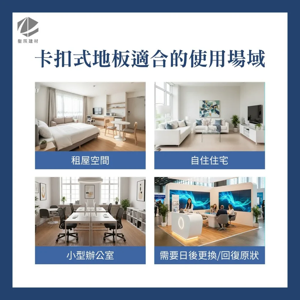 卡扣式地板適合的使用場景, 租屋, 自住, 小型辦公室, 須恢復原狀的場域